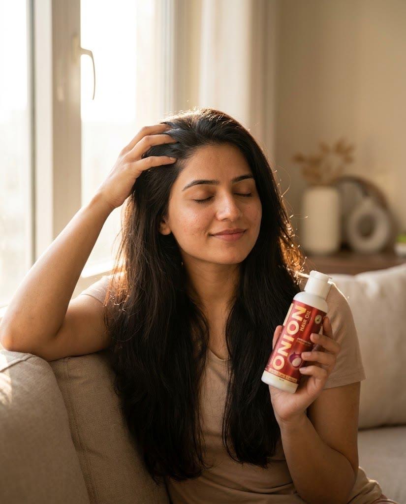 A woman sitting by a window works the oil into her scalp along the parting, the bottle in her other hand.