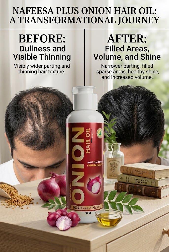 A man's scalp before and after eight weeks: visible thinning at the crown on the left, denser regrowth and shine on the right.