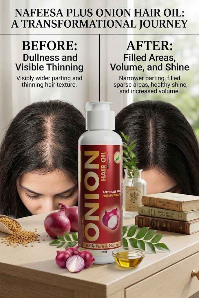 A woman's scalp before and after eight weeks: a wider parting and thinner texture on the left, a narrower parting with fuller volume and shine on the right.
