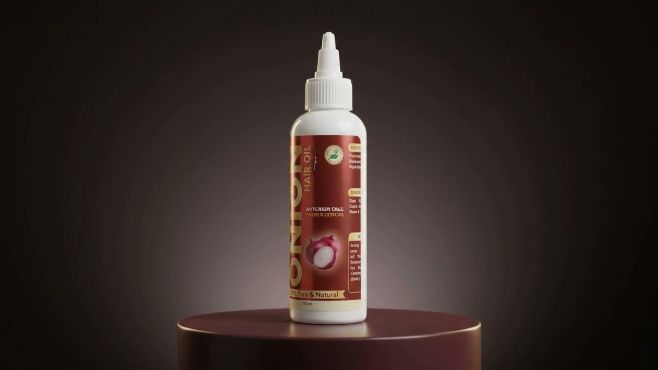 The Nafeesa Plus Organic Onion Hair Oil bottle turning slowly on a lit maroon set.