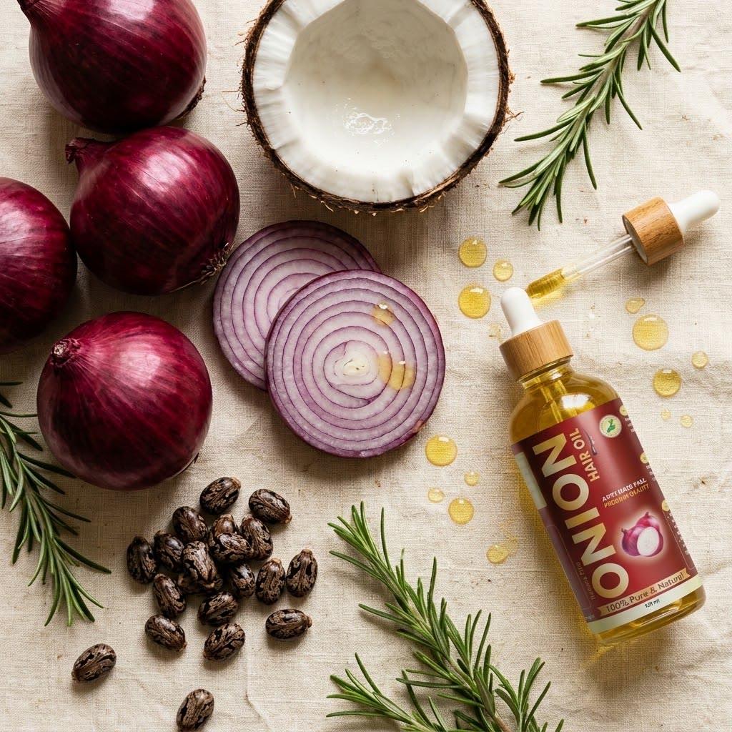A linen flat-lay of the bottle with red onions, seeds, herbs and a dropper of amber oil.