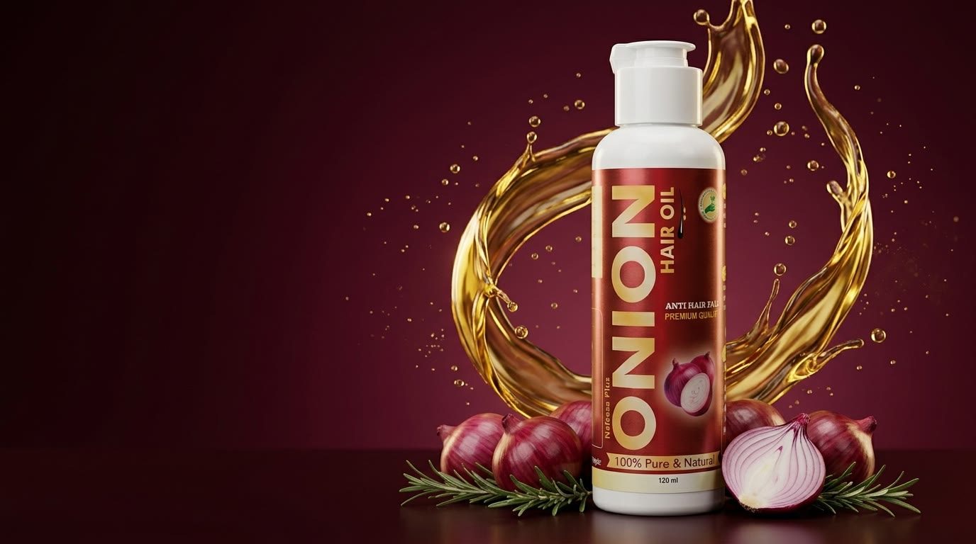 A bottle of Nafeesa Plus Organic Onion Hair Oil on a deep maroon field, ribboned by a swirl of golden oil, with red onions and rosemary at its base.
