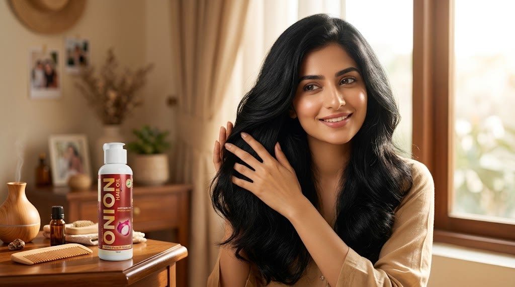 A woman at home running her fingers through long, healthy hair, the bottle on the dresser beside her.