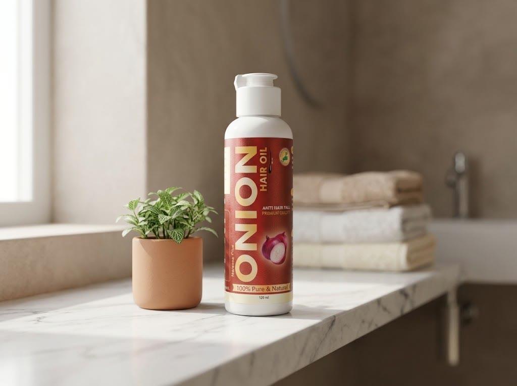 The bottle on a marble bathroom shelf beside a small potted plant and folded towels.
